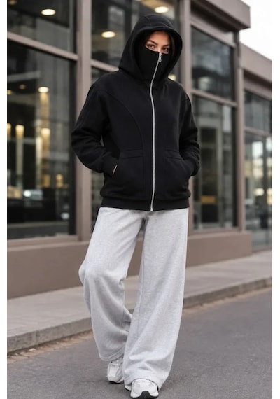 DefyModa Maskeli Ninja Model Çift Kapüşonlu 3 İplik Şardonlu Fermuarlı Oversize Sweatshirt - Siyah