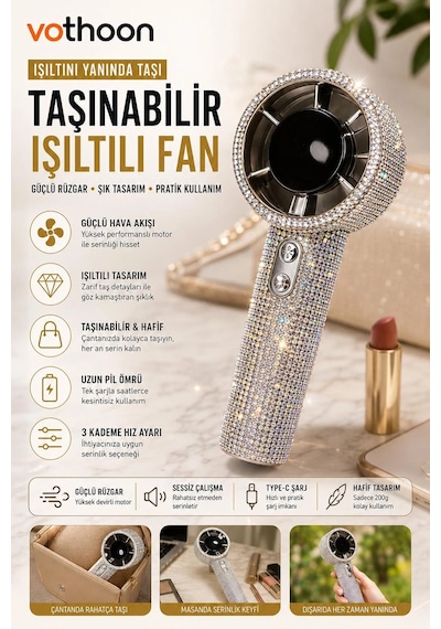Taşınabilir Fan Kristal Yapay Elmas El Vantilatörü Mini Kişisel El Tipi Fan Işıltılı Soğutma Küçük Fan Çok Renkli