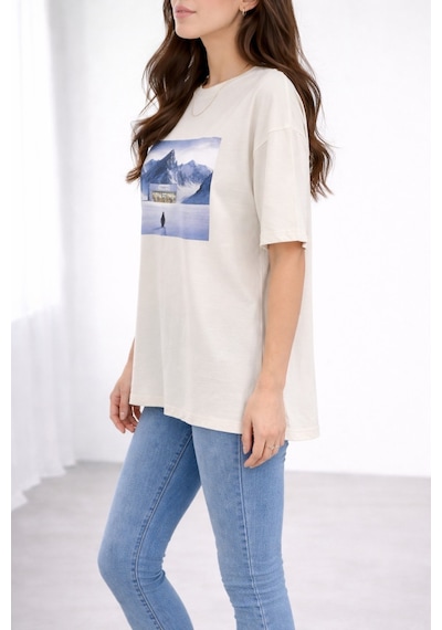 Soft&Basic Kadın %100 Organik Pamuk Baskılı Bisiklet Yaka T-shirt Beyaz
