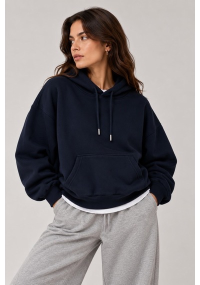 Vadon 1047 Kadın Kapüşonlu Kanguru Cepli 3 İplik Pamuklu Sweatshirt Lacivert