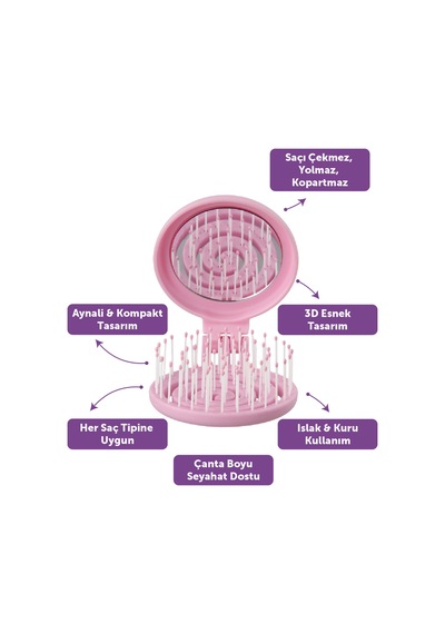 Beauty Makaron Saç Fırçası - 3d Esnek, Aynalı, Çanta Boy - Compact Detangler Lilapembe