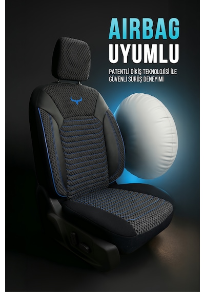 Boğa Serisi Tam Set Dokuma Kumaş Tüm Binek Araçlara Uyumlu Spor Dikiş Oto Koltuk Kılıfı Siyah Mavi