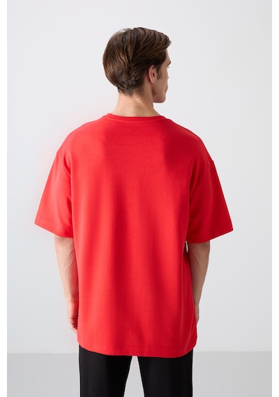 Tommy Life Fiesta Pamuklu Kalın Yumuşak Dokulu Oversize Fit Baskılı Erkek T-shirt - 88326 Kirmizi