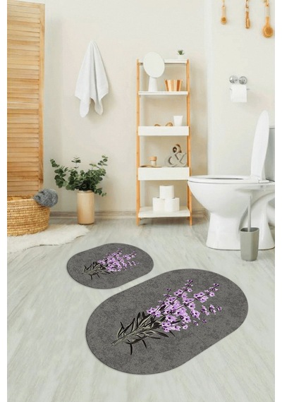Buççin Online Mağaza Dijital Baskılı Kaymaz Taban Yıkanabilir Oval Banyo Takımı Klozet Takımı Polyester Gri Çok Renkli
