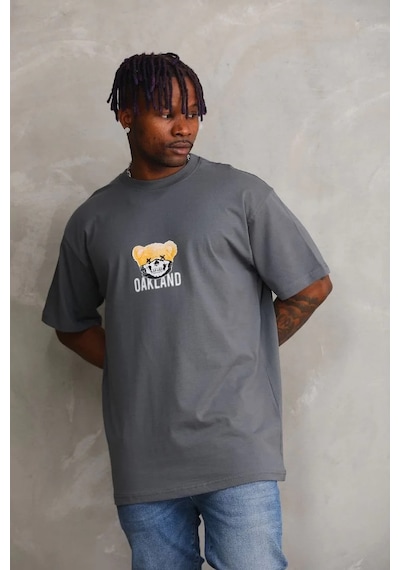 Erkek Baskılı T-shirt Kısa Kol Bisiklet Yaka Rahat Kalıp Tişört - Füme Füme