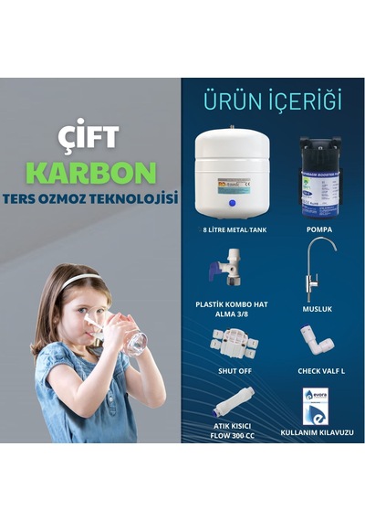 5 Aşamalı Mineralli 8 Litre Çelik Tanklı Şeffaf Mavi Pompalı Kapalı Kasa Su Arıtma Cihazı -