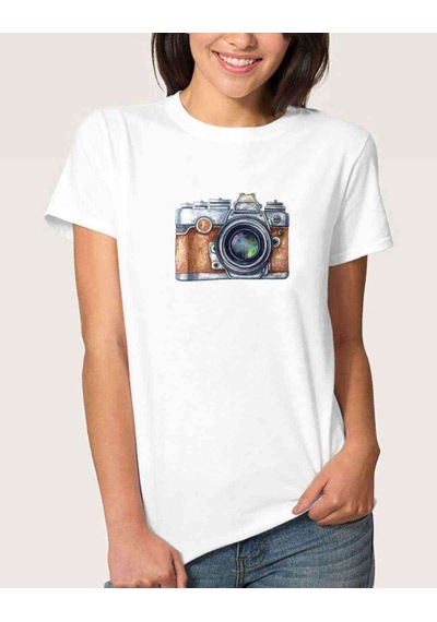 Watercolor Camera Kadın Beyaz Tshirt (534817068)