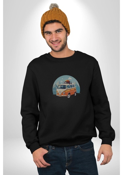Wolkswagen Karavan Kış Gezisi Unisex Siyah Baskılı Sweatshirt Siyah