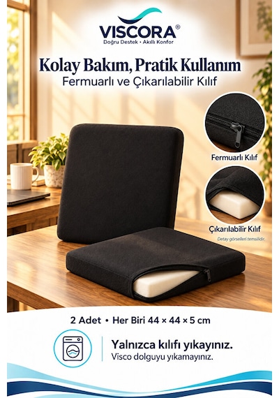 Visco Oturma Minderi Ve Sırt Destek Seti 2 Li Ofis Koltuğu Ve Sandalye Minderi 44 44 5 Cm Siyah
