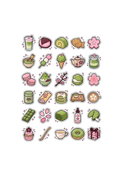 30 Adet Matcha Ve Sakura Sticker Seti - Laptop Defter Ajanda İçin Tatlı Tasarım Çok Renkli