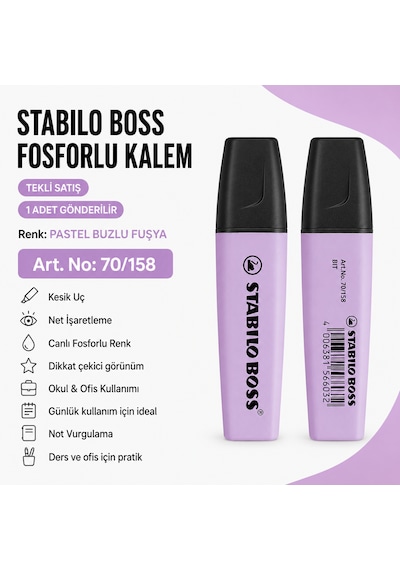 Boss Fosforlu Kalem 1 Adet Metin İşaretleme Kalemi Buzlu Fuşya