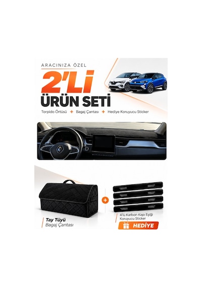 E-biz Renault Captur 2 2019-2024 Uyumlu Torpido Örtüsü + Tay Tüyü Bagaj Çantası - Siyah - Re036
