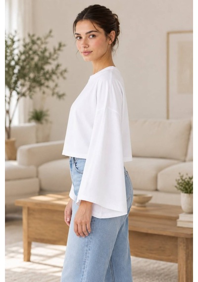 Genel Markalar Kadın Oversize Crop Geniş Kollu Basic Sweatshirt Beyaz