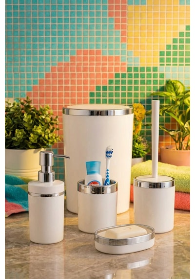 Makri Home 5 Parça Akrilik Banyo Seti, Şık Ve Kaliteli Akrilik, Gümüş Renk Detaylı, Beyaz Beyaz