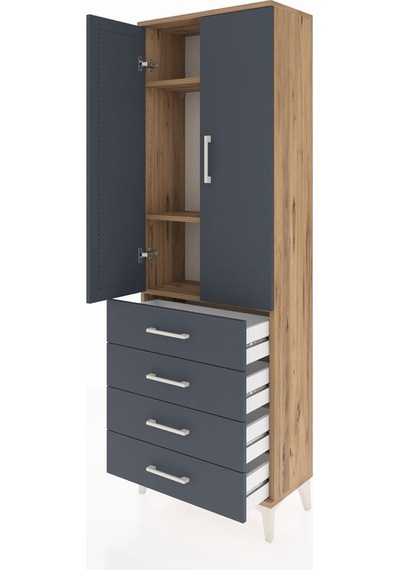 Arges Dolap 3 Raflı 4 Çekmeceli 2 Kapaklı 60x30x182 Çam-antrasit Çam