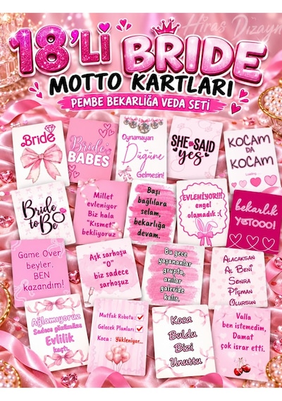 Hiras Dizayn Pembe Bride Motto Kartları 18 Adet Bekarlığa Veda Nedime Fotoğraf Seti