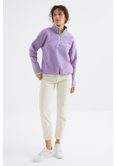 Tommy Life Açık Eflatun Yarım Fermuar Etek Ucu Büzgülü Dik Yaka Oversize Kadın Polar Sweatshirt - 97234 Eflatun