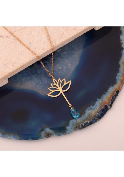 925 Ayar Altın Mikron Kaplama Drop Taşlı Lotus Çiçeği Gümüş Kolye - Cns00592 Altın