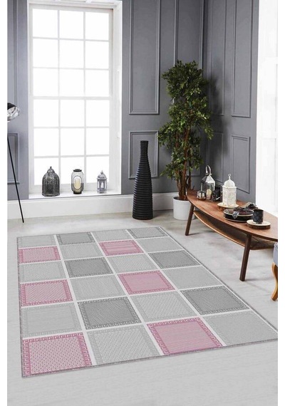 Pembe Geometrik Kaymaz Taban Makinede Yıkanabilir Halı Dm09n11
