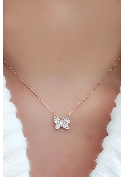Kelebek Figürlü 925 Ayar Gümüş Rose Minimal Kolye