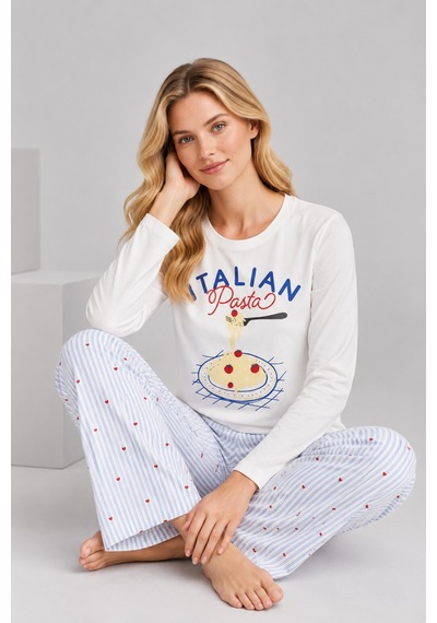 Pijamask Kadın Italian Pasta Baskılı Mavi Çizgili Bol Paça Pamuklu Pijama Takımı Beyaz