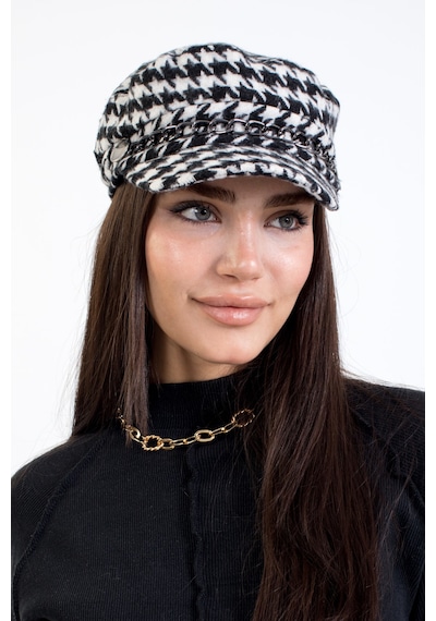 Ladycolor Kadın Kışlık Şapka Kaşe Kaptan Kışlık Zincir Aksesuarlı Kazayağı Desen Beyaz