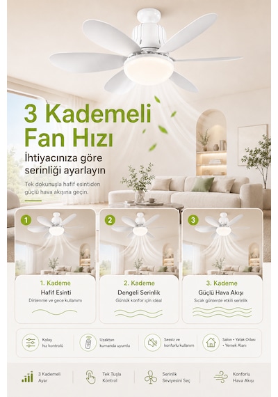Goes Tavan Vantilatörü Led Işık 3 Kademe Hız Modu Sessiz 52 Cm Çap 6 Kanat Kumandalı Vantilatör