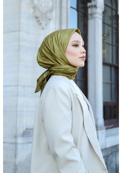 Eşarp - Premium Lux Original Monogram Eşarp İpek Vual, Yüksek Kalite, Hafif, Rahat, Şık, Scarf Yağ Yeşili