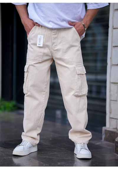 Erkek Kargo Cep Baggy Pantolon Rengi Krem