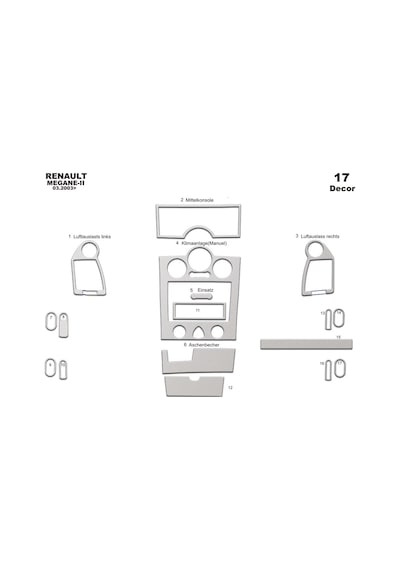 Renault Megane 2 Analog Klima Torpido Kaplama 2003-2009 17 Parça Alüminyum