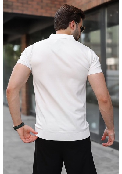 Madmext Beyaz Regular Fit Polo Yaka Triko Erkek Tişört E7502