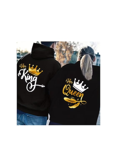 Nevermind Sevgili Çift Kombin King And Queen Kral Ve Kraliçe Baskılı Özel Tasarım Kapüşonlu Sweats Siyah - Sarı
