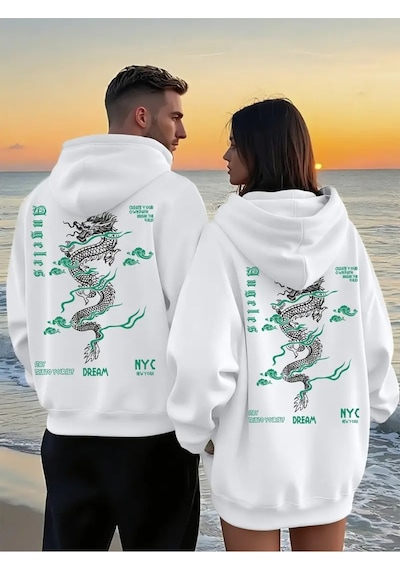Nevermind Sevgili Çift Kombin Ejderha Desenli Baskılı Renk Kapüşonlu Sweats Beyaz