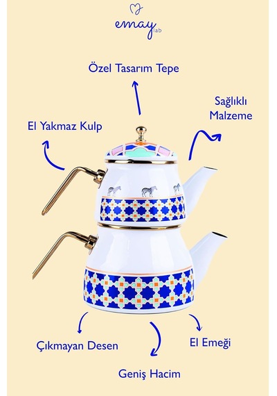 Jaolu Zebra Desenli Emaye Çaydanlık Takımı Tüm Ocaklarda Kullanılabilir Çok Renkli