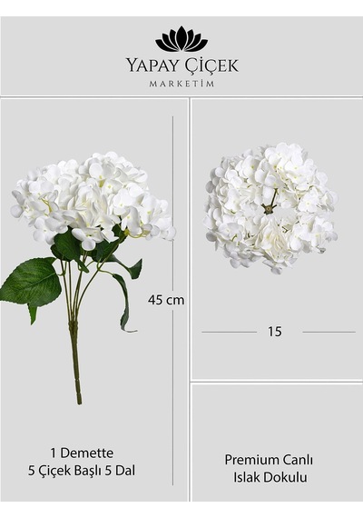 Beyaz Yapay Ortanca Çiçeği 5 Dallı Premium Canlı Islak Dokulu 42 Cm