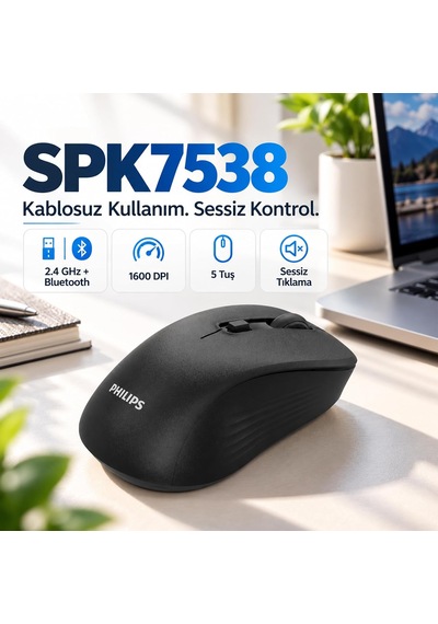 Spk7538 Kablosuz Mouse, 2.4 Ghz + Bluetooth 3.0/5.2, 800/1200/1600 Dpı, Sessiz Tıklama, 5 Tuş, 3 Milyon Tıklama, 62g, Windows Android Macos Uyumlu, Siyah