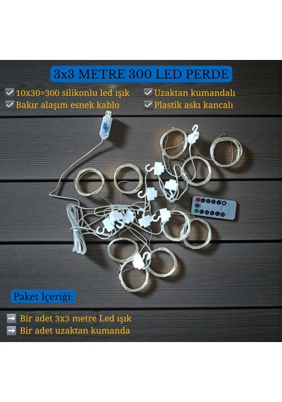 Upway 3x3 Metre Kumandalı 8 Modlu Askılı Usb 300 Led Işıklı Perde Gün Işığı Sarı