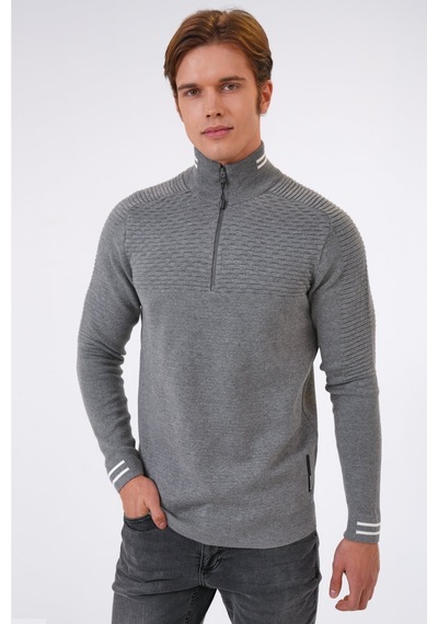 Back And Bond Gri Regular Fit Desenli Dik Yaka Yarım Fermuarlı Triko Kazak-gri Gri