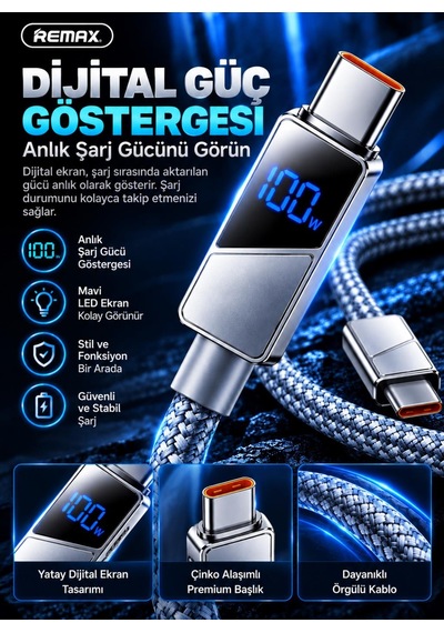 Remax Cb02-cc 100w Dijital Ekranlı Hızlı Şarj Ve Data Kablosu Type-c To Type-c 1.2 Metre Gri