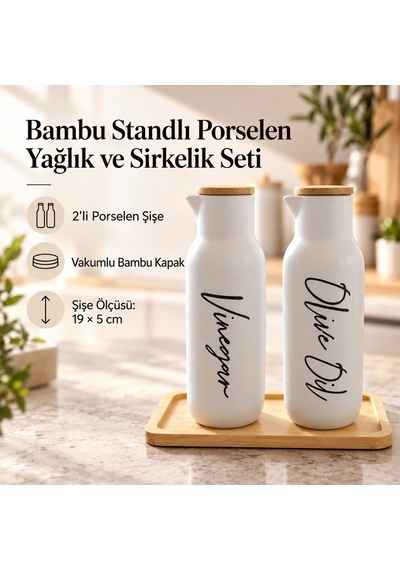 Bambu Standlı Porselen Yağlık Ve Sirkelik Seti - Beyaz Çok Renkli