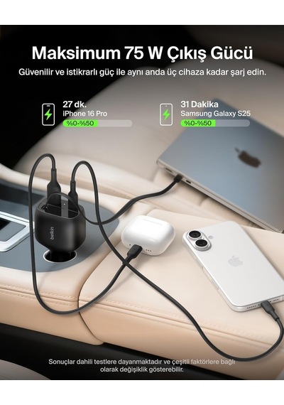 Belkin Usb-c Araç Şarj Cihazı, 75 W, 75 Cm Geri Çekilebilir Usb-c