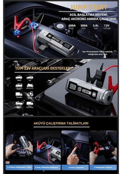 Yüksek Güç 4-in-1 Vakum Sos Işık Akü Takviye Şişirme Pompası Taşınabilir Şarj Edilebilir Otomatik Acil Ve Günlük Kullanıma Uygun Güç Cihazı
