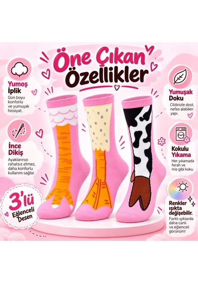 Genel Kadın 6'lı Pembe Hayvan Desenli Soket Çorap Seti İnek Figürlü Seviml Çok Renkli / 36-40 / 6 Adet Çok  Renkli