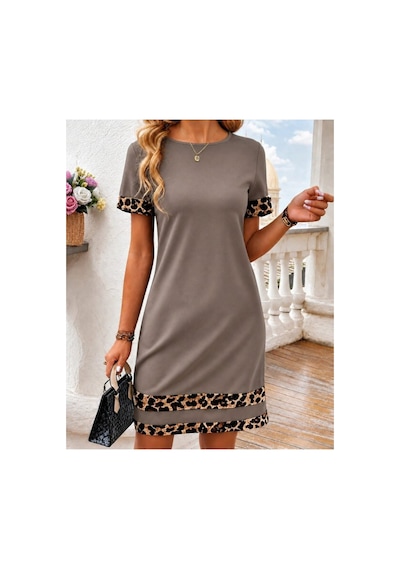 Butik İstanbul Kadın Kısa Kollu Bisiklet Yaka Leopar Şerit Detaylı Kısa Modal Elbise Sütlü Kahve