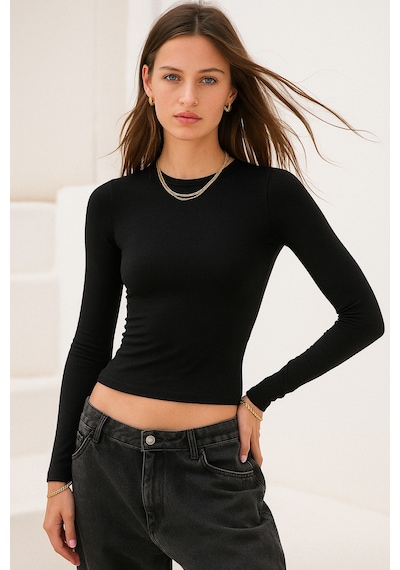 Rich Kadın Siyah Bisiklet Yaka Esnek Kumaşlı Vücuda Oturan Slim Fit Uzun Kollu Crop Body Siyah