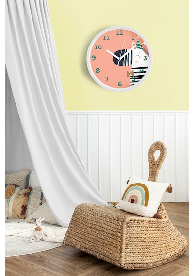 Süslü Zebra Çocuk Odası Duvar Saati - 30cm - Önü Camlı Beyaz Kasa - Sessiz Mekanizma Beyaz
