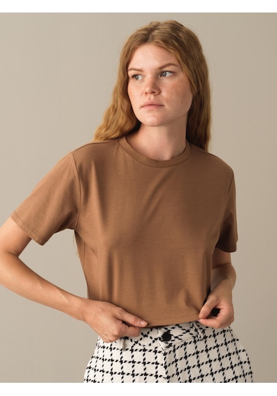 Xint Camel Regular Fit Bisiklet Yaka Pamuklu Modal Crop 602268