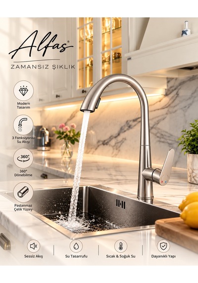 Alfas Inox Mutfak Eviye Bataryası Spiralli Çift Modlu Eviye Bataryası 304 Paslanmaz Çelik İnox