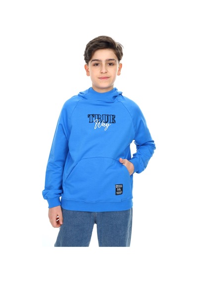 Toontoy Kids Toontoy Erkek Çocuk Relax Fit Kapüşonlu Cepli Reglan Kol Baskılı Sweatshirt - 2 İplik Saks