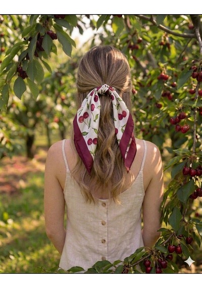 Trend Dokunuş Kadın 50-50 Saten Kirazlı Fular Bandana Kırmızı